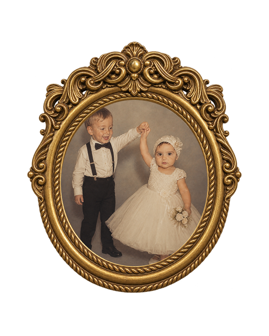 Niel and Karla as children, long before their story as a couple began, framed in lace