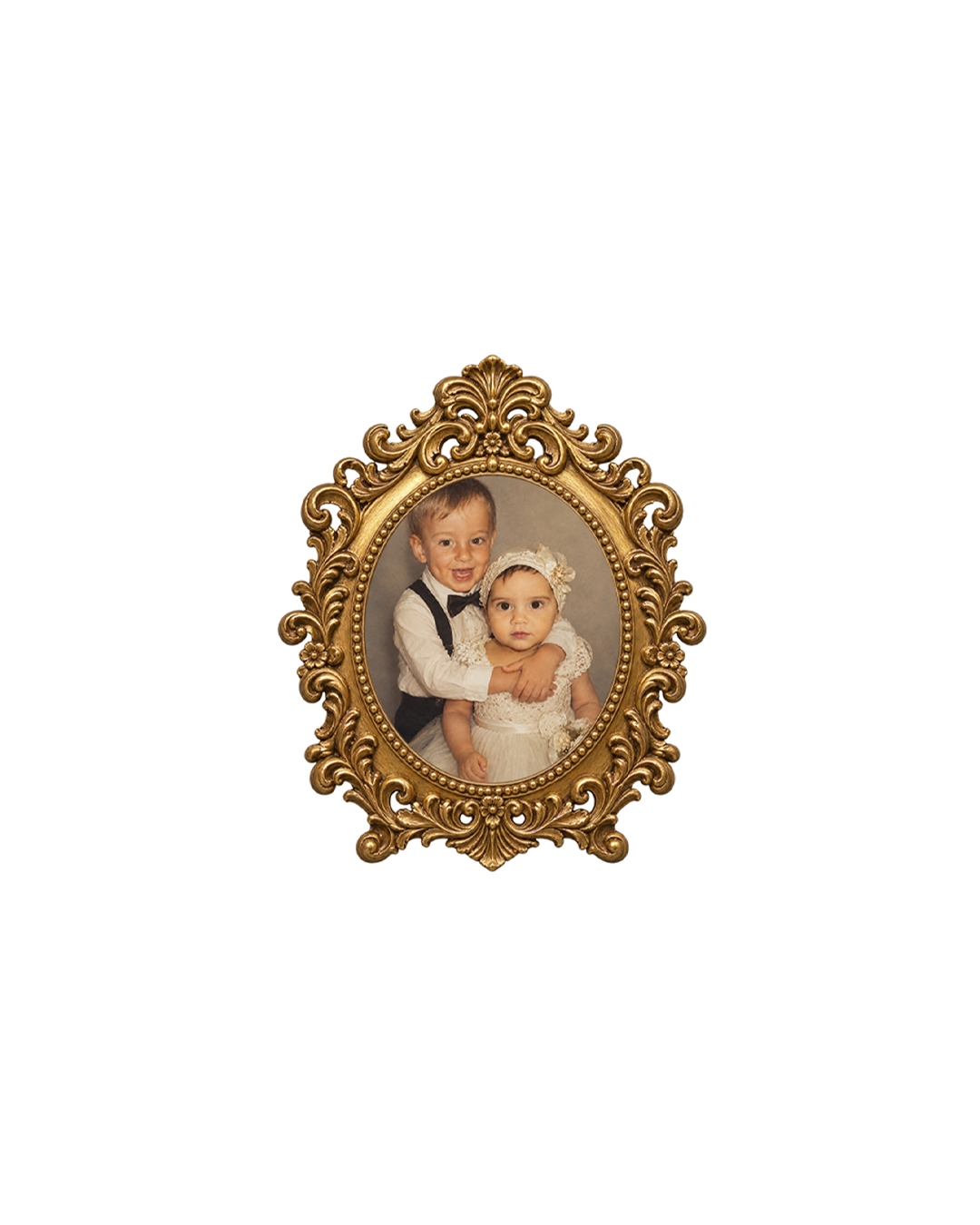 Niel and Karla as children, long before their story as a couple began, framed in lace